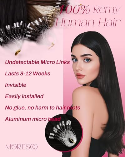 Image of Moresoo Micro Link Hair Extensions Human Hair, Off Black, 24 Inch | 50g 50 strands, long straight texture, glossy black finish, dramatic length, glam styling, special events, content creation