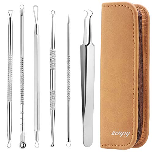 Zenpy 6 in 1 Blackhead Remover Tool Kit Professional Stainless Extractor Tweezers Tools Removal Tools Set Treatment for Whitehead Blemish Pimples and Crazy Horse Leather Case