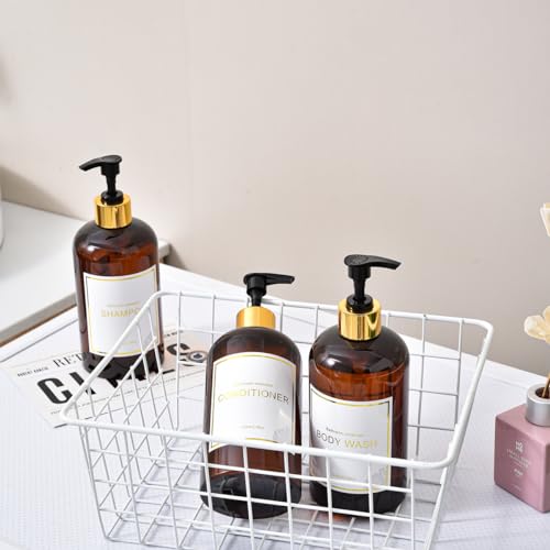 Image of Akalin 16oz Shampoo and Conditioner Dispenser, Set of 3 Shampoo Bottles Refillable with Pump, 3 Shampoo and Conditioner Bottles, Shower Bottles Refillable with 6 Waterproof Labels (Brown)