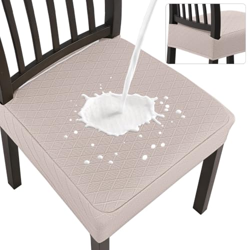 Image of SearchI Waterproof Dining Chair Seat Covers Set of 4, Hook and Loop Tape Stretch Chair Covers for Dining Chairs, Washable Dining Room Seat Cover Protector (Khaki)