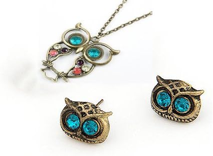 niceeshop(TM) Owl Head Charm Stud Earring (1 Pair,Random Color) + Owl Design Necklace,Colorful