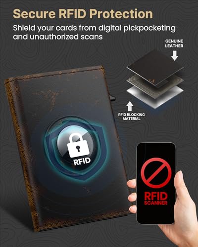 Image of typecase Mens Leather RFID Blocking Minimalist Slim Wallet for AirTag - Automatic Pop-Up Card Holder, ID Window, Cash Slot - Carbon Fiber