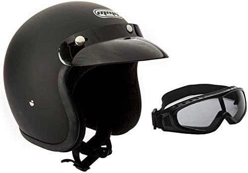 MMG Helmets Open Face Pilot Style Integrated Flip Up Visor DOT - Model 28 (Flat Black, Large)