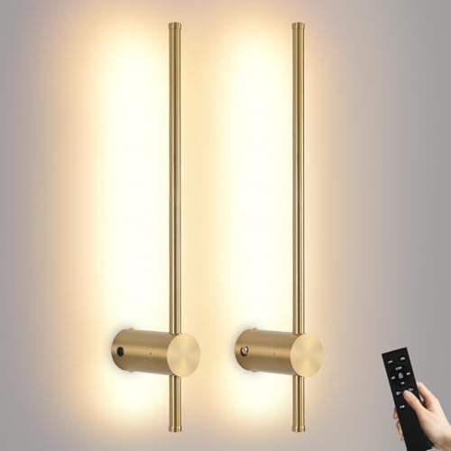Image of Battery Operated Wall Sconce USB Rechargeable Sconces, 23.6 inch Brushed Gold Wireless Wall lamp Set of 2, 3000K-6000K & Dimming with Remote Control, LED Wall Lights for Living Room, Bedroom