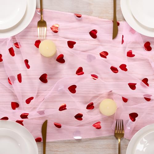Image of MLMC Pink Heart Gauze Table Runner Glitter Valentine's Day Table Runner 120 Inch 10 FT Sheer Metallic Foil Seasonal Centerpiece for Wedding Anniversary Home Party Table Decor