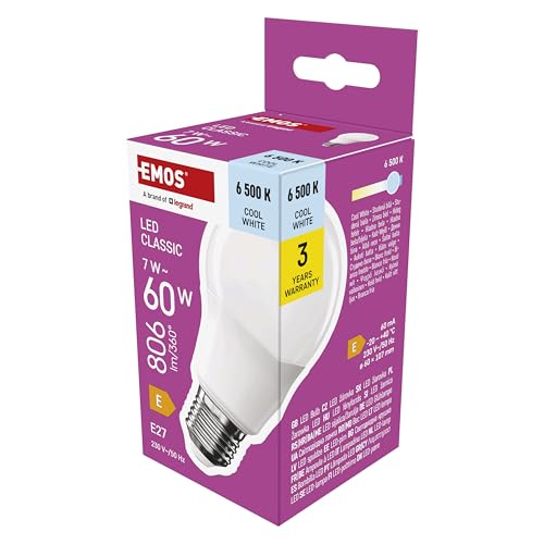 EMOS Bombilla LED A60, 7 W de repuesto para bombilla de 60 W, forma clásica con casquillo E27, brillo 806 lm, luz blanca fría 6500 K, vida útil de 30.000 h, CRI mín. 80, ángulo de haz de 180°