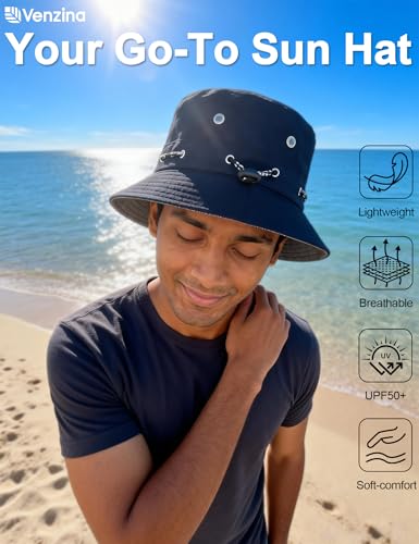 Image of Venzina Bucket Hat for Men Hat Cap for Men UPF 50+ UV Protection Packable Fisherman Sun Hat for Women Solid Reversible Camouflage Styles Beach Commute Travel Outdoor Hiking Round Cap