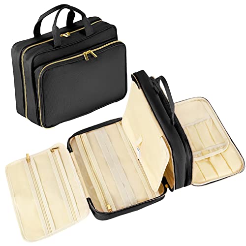 Lewondr Borsa Porta Cosmetici, Borsa Porta Trucchi, Valigetta Porta Cosmetici in Tessuto e PVC di Quattri Strati con Molte Tasche, Finestrelle Trasparenti, Gancio Incorporato, Manici Portatili, Nero