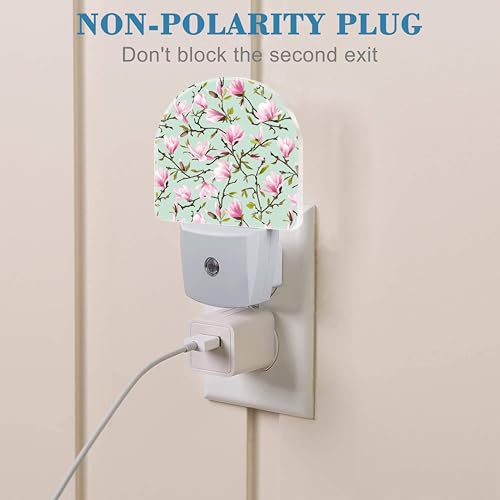 Image of Plug in Night Lights Magnolia Flowers and Leaves Nightlight Plug Into Wall Dusk to Dawn Sensor LED Night Light for Kid Girls Boys Room Decor, Hallway, Kitchen, Bathroom, Nursery, Stairs