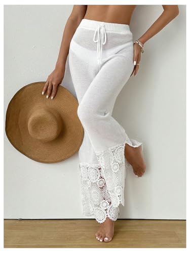 Verdusa Women's Contrast Lace Crochet Sheer Swim Coverups Paisley High Rise Split Pants4