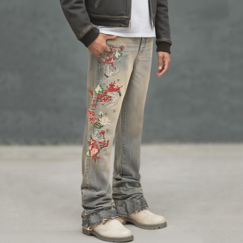 Floral Embroidered Jeans for Men Straight Leg Y2k Vintage Washed Stretch Denim Pants Raw Hem Hip Hop Street Trousers3