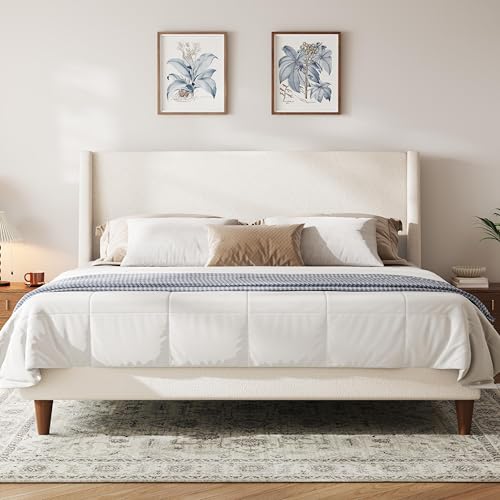 Image of Merax Solid Wood King Size Boucle Bed Frame with Wingback Headboard, Modern Upholstered Platform with Walnut Wooden Legs, Strong Wooden Slats, No Box Spring Needed, Easy Assembly, Noise-Free, Ivory