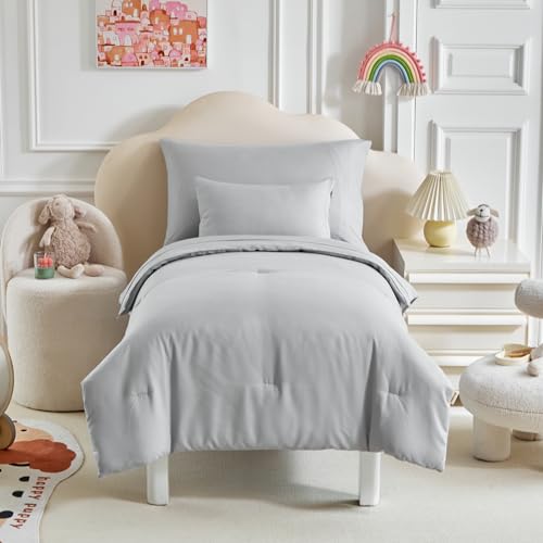 Image of Kids Comforter Sheet Set - Soft and Breathable Bed Set Includes Quilted Comforter, Fitted Sheet, Flat Top Sheet, Pillowcase and Toddler Pillowcase for Toddler - 5 Pieces Toddler Bedding Set Gray