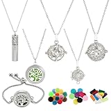 Collier d'huiles essentielles à faire soi même 4 pièce + 1 bracelets diffuseurs d'aromathérapie avec coussinets:ce bijou d'huiles essentielles comprend 1 bracelets et 1 colliers à breloques (dont 10 entretoises); 1 collier de bouteille (comprenant 10 noyaux de coton); 3 breloque cage et 4 chaînes croisées, avec 20 boule de coton, quantité suffisante pour répondre à divers besoins d'usage personnel et de cadeaux