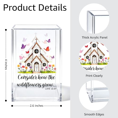 Image of Consider How The Wildflowers Grow Bible Pen Holder Makeup Organizer, Funny Christian Acrylic Pencil Pen Holder for Desk, Luke 12:27 Bible Verse Pencil Cup, Religious Gifts for Book Lover Teacher