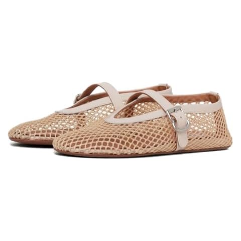 MeiLuSi Mesh Ballet Flats for Women, Mary Janes Flats Metal Buckle Strap Mesh Perforated Mary Jane Comfortable Ballerina Flat Shoes Apricot 8 Cover