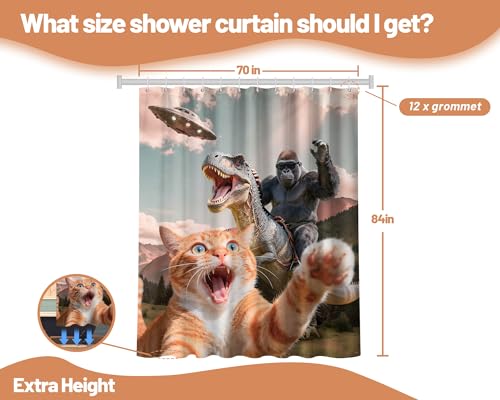 Image of Extra Tall Shower Curtain XL Cool Cat Dinosaur, 70 x 84 Inchs | for Extra Long 84 Inchs Shower, Fun Monkey Novelty Design, Large Bathroom Decor Sets Waterproof Cloth Fabric, with Hooks