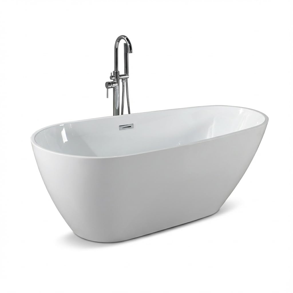 67 Inch Acrylic Freestanding Bathtub, Deep White Oval Pearl-Shape Soaking Tub, Modern Stand Alone Bathtub with Non-Slip Base, Chrome Overflow &amp; Pop-Up Drain, Easy Assembly for Bathroom, Home, Spa