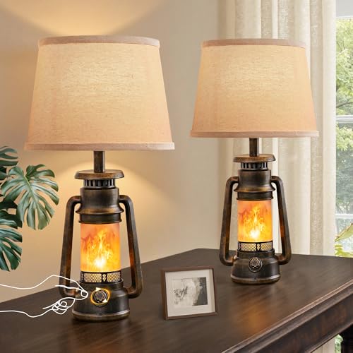LEDIARY 18.72″ LED Vintage Lantern Flickering Flame Table Lamps for Bedrooms Set of 2, Farmhouse Rustic Vintage End Table Lamps, Rustic Retro Bedside Nightstand Desk Lamp for Living Room