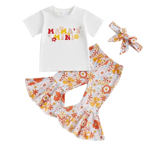 Image of Mamas Mini Baby Girl Outfit Infant Toddler Short Sleeve T-shirt + Floral Flare Pants + Headband Summer Clothes
