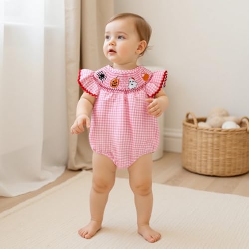 FIOMVA Newborn Baby Girl Halloween Outfit Pumpkin Ghost Smocked Bubble Romper Plaid Bodysuit Cute Infant Girls Fall Clothes3