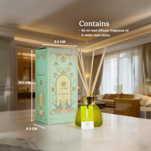 Image of Ekam Frosted Glass 60ml Lemongrass Reed Diffuser Set | Free 6 Fiber Reed Sticks | Stress Relief & Aromatherapy, Long-Lasting Home Fragrance (Up to 60 Days) | Air Freshener for Room, Bedroom & Bathroom