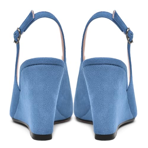 AMBELIGHT Womens Sexy Evening Buckle Suede Solid Slingback Peep Toe Wedge High Heel Pumps Shoes 3.3 Inch4