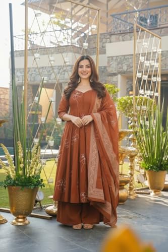 Image of ANNI Designer Women's Viscose Blend Umbrella Style Printed Kurta Palazzo with Dupatta | Elegant Kurta Set for Women | Stylish Palazzos & Dupatta Set | Ethnic Wear for Women