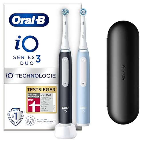 Oral-B iO Series 3 Elektrische Zahnbürste, Electric Toothbrush, Doppelpack, 2 Aufsteckbürsten, 3 Putzmodi für Zahnpflege, Reiseetui, TESTSIEGER Stiftung Warentest (12, 2024), Matt Black, Ice Blue