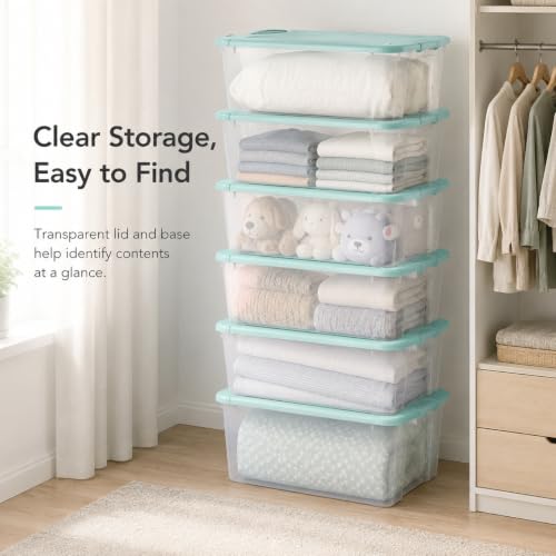 Image of Storage Bins 66 Qt Clear Latching Lid Stackable 6 Pack Mint Green