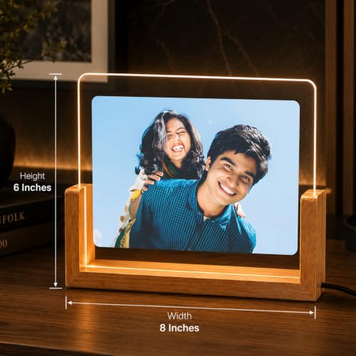 Image of Giftplease Personalized LED Acrylic Photo Frame for Couple with Custom Picture, Wooden Base Night Lamp, Romantic Bedroom Table Decor, Anniversary Memory Display, Birthday, Housewarming, Wedding