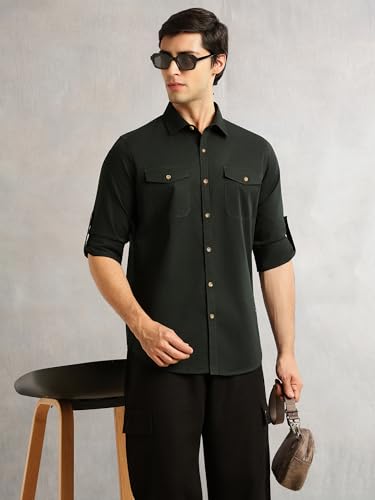 Image of Thomas Scott Men's Slim Fit Cotton Twill Casual Shirt | Long Sleeve | Spread Collar | 2 Flap Pockets | Solid Design