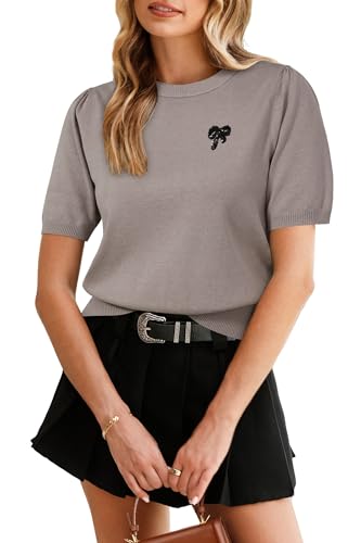 Arach&Cloz Women's Puff Short Sleeve Shirts 2025 Summer Crew Neck Sequin Cute Crop Tops Trendy Casual Pullover