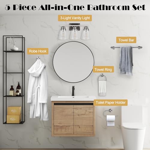 Image of Brushed Nickel 3 Light Bathroom Vanity Light Set,5 Piece Brushed Nickel Bathroom Light Accessories Set,Brushed Nickle 3 Light Bathroom Vanity Fixture with Hardware Set