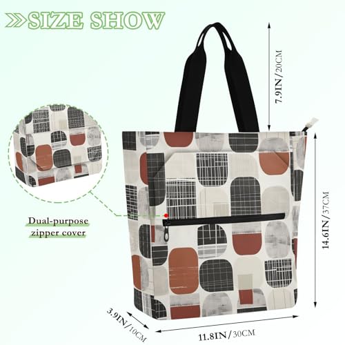 Retro Geometric Abstract Blocks Tote Bag for Book Lovers Reusable Bags with Zipper Pocket for School Work Shopping2
