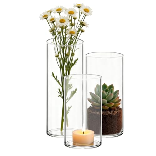 Veiuwa Set of 3 Clear Glass Cylinder Vases for Centerpieces - Tall Glass Hurricane Candle Holders, 2.6 Inch Diameter Round Vases for Wedding, Event & Table Decor with Pillar Floating Candles