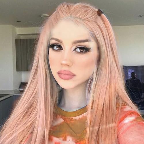 AFBeauty Parrucca da donna rosa rosa oro rosa lunga dritta sintetica pizzo anteriore parrucca pre pizzicata attaccatura dei capelli naturale resistente al calore capelli sintetici Cosplay festa uso