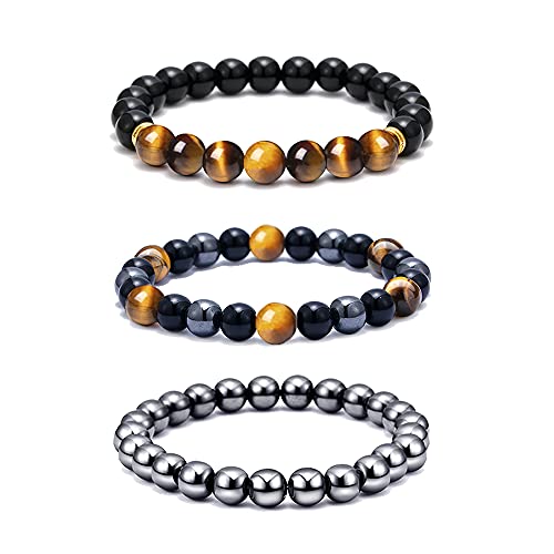 SOOWOOT 3Pcs Tiger Eye Mens Bracelets - 8mm Hematite Black Obsidian Tiger Eye Stone Bracelets Triple Protection Healing Crystals Bracelet Jewelry for Protection Bring Luck And Prosperity