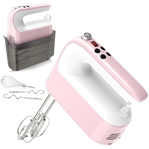 Yomelo 9-Speed Digital Hand Mixer Electric, 400W Powerful DC Motor, Hand Mixer Electric Handheld with Snap-On Storage Case, 5 Stainless Steel Accessories, Beaters, Dough Hooks, Whisk(Pink/White)