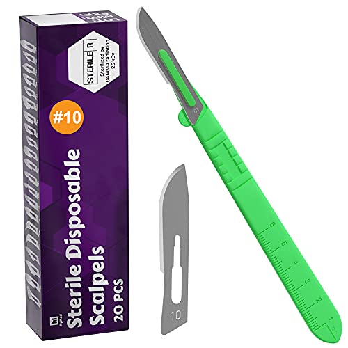 MyMed Disposable Scalpels| #10 Sharp Carbon-Steel Blades | Pack of 20| Sterile Individual Pouches| for Dermaplaining, Podiatry, Crafts & More (#10 Green Handle)