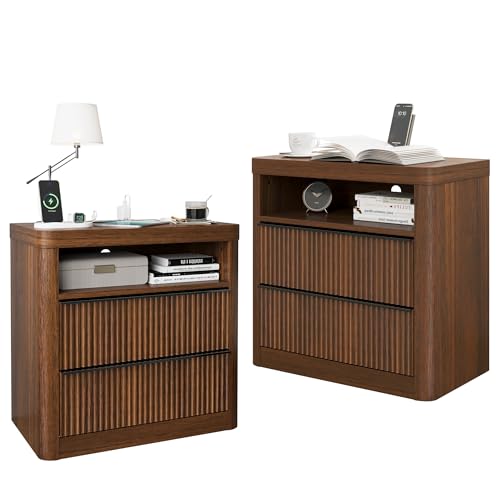 Night Stand Set of 2,Fluted Nightstands with Drawer Storage Bedside Table Large Modern nightstand with USB Port and Outlet,mid Century nightstand for Bedroom,Sofa Table(Walnut)