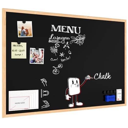 ALLboards Tableau à Craie Noir Magnétique avec Cadre en Bois Naturel 90x60cm