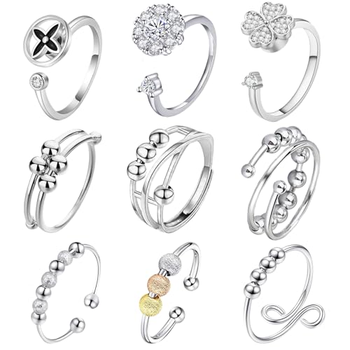 MLPKOI 9pcs Bague Anti Stress Femme Argent, Spinner Anneaux Anti Stress Ensemble Anneau de Spinner Ouverts Réglables Bague Fidget Bague Anxiété Rotative