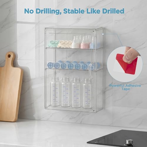 Image of HBlife Baby Bottle Storage Organizer Wall Mount, 3 Tiers Adjustable Clear Acrylic Bottles Storage Station Case Box Container with 2 Removable Dividers and Magnetic Door for Countertop Cabinet, Medium