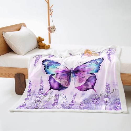 Plaid Cama Mariposa Púrpura Colcha Plaid Sofa Verano Diseño de Doble Cara Cubre Colcha Multiusos para Sofas Suave Manta Termica Lana de Cordero de Franela Blanket Espesar Durable 80x150cm