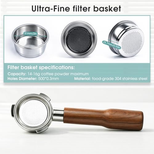 Image of 51mm Portafilter with 2 Spouts Compatible For CASABREWS CM5418, 3700 Series, Gevi, Mr. Coffee Espresso and Cappuccino Machine, 3 Ears Thickness 4mm, Rosewood Handle