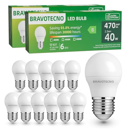 bravotecno Ampoule E27 LED, Classe Énergétique B, Ampoule E27 Blanc Chaud 3000K, 2,5W 470LM G45, Équivalent à 40W, Angle de Faisceau 360°, Non-Dimmable, Chaleur Faible & Durable, Lot de 12