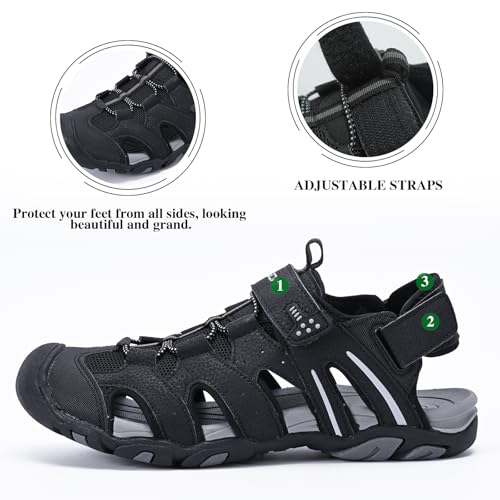 Image of Queday Mens Closed Toe Outdoor Hiking Sandals | Plantar Fasciitis, Thick EVA Cushion Midsole, 3 Adjustable Straps, Non-slip rubber outsole for daily walking recovery