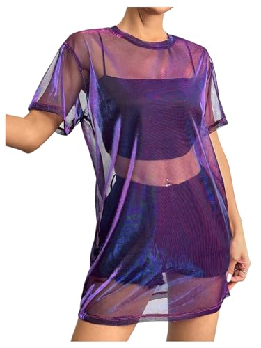 Image of Verdusa Women's See Through Mesh Short Sleeve Round Neck Mini Dress Purple Small