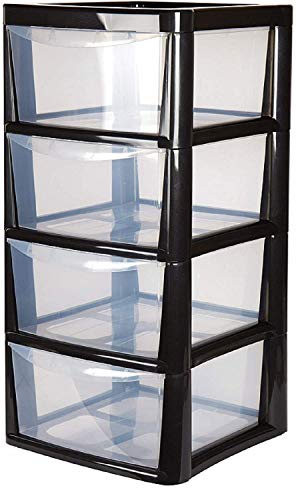 4 Drawer Large Plastic Storage Drawer Tower Perfect for Schools Offices and Childrens Toys Storage Solution (Black)